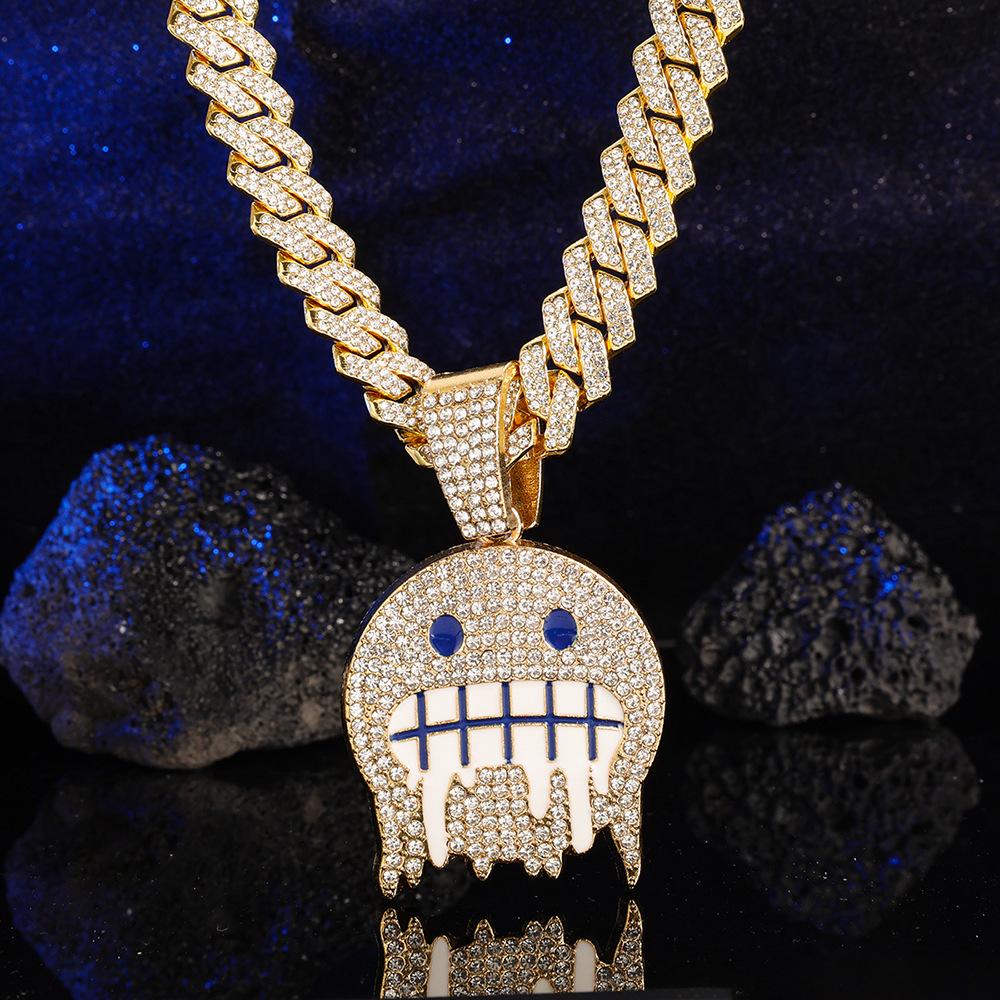 Herren Weiß Blau Zirkonia Gepflastert Hip Hop Runde Anhänger Halsketten mit Kubanischer Kette Iced Out Bling CZ Mode Jungen Schmuck