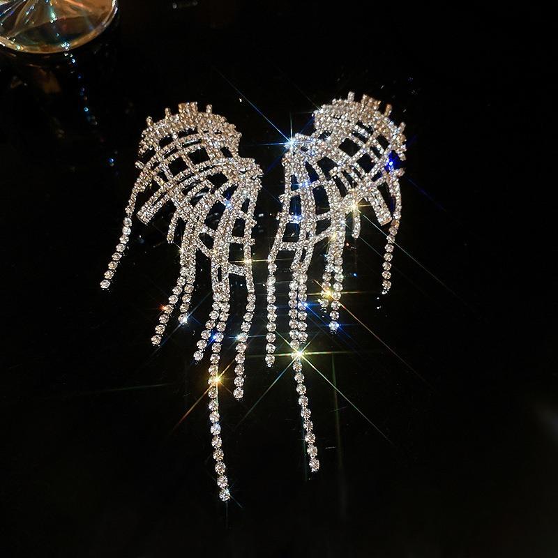 Silver Needle Diamond Flower Water Drop Tassel Earrings Exaggerated Earrings Light Luxury Premium Earrings Women