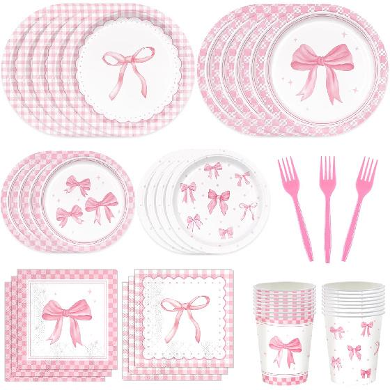 150pcs Pink Bow Party Supplies Bow Birthday Plates Napkins Paper Cup Fork Bow Birthday Decorations for Girl Bachelorette Bridal Engagement Coquette