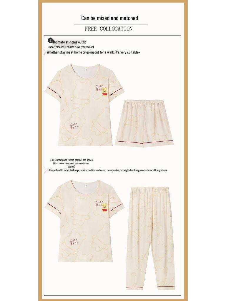 Women's Loose Summer Cartoon Pajama Set: Cute Short Sleeve Top & Long Pants for Spring/Autumn