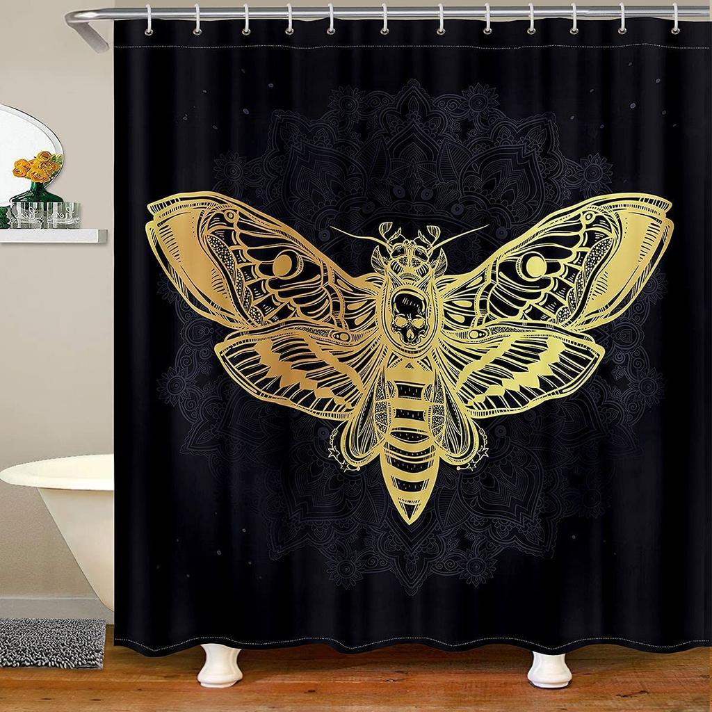 Gold Moth Shower Curtain Moon Phase Curtains For Bathroom Gothic Black Butterfly Moonlit Bath Curtain Psychedelic Bathroon Decor