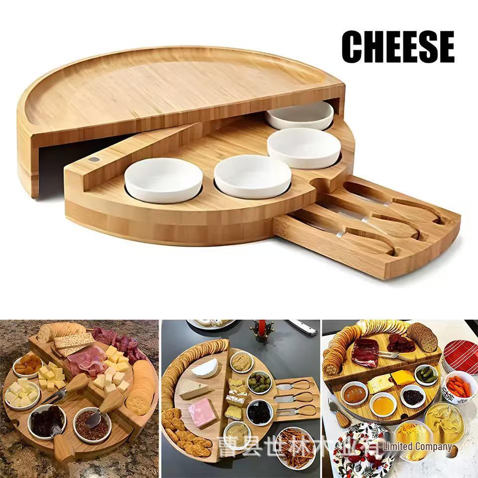 Bamboo & Wood Cheese Cutting Board Set with Drawer: Round Pizza Board & Bread Pastry Plate