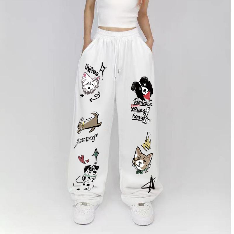 Trendy Women's High-Waist Loose Fit Puppy Casual Sweatpants for Spring & Autumn, Straight Leg American Mop Style.