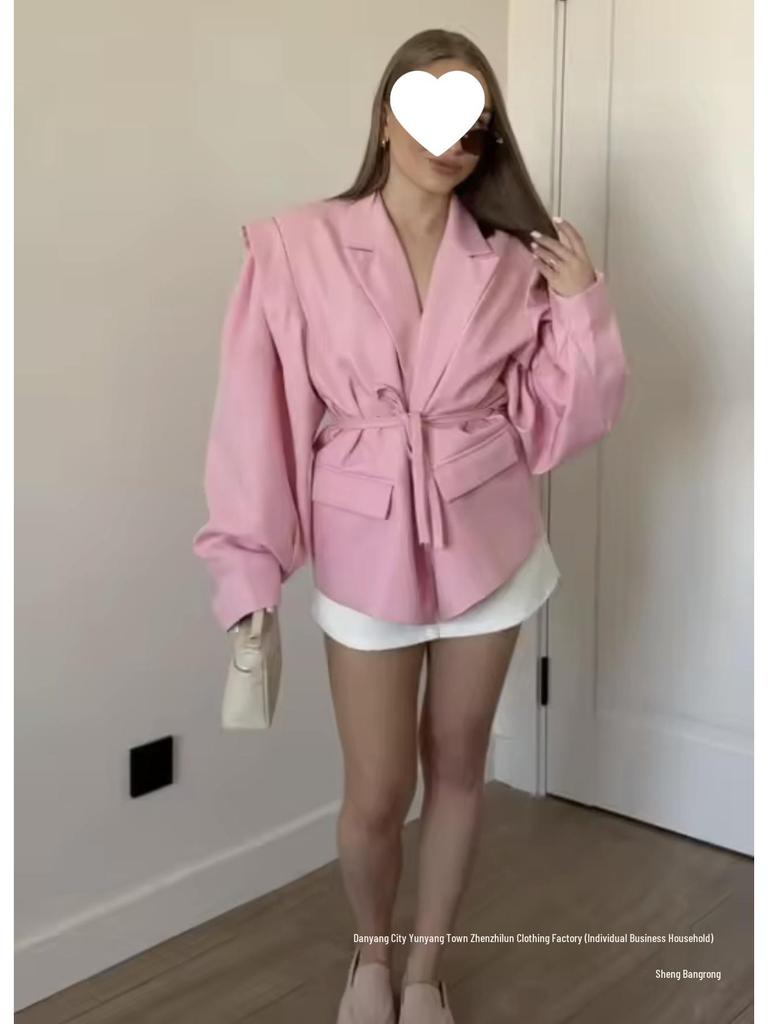 European & American Women's Fashion Commuter Waist-Tie Shoulder Pad Blazer