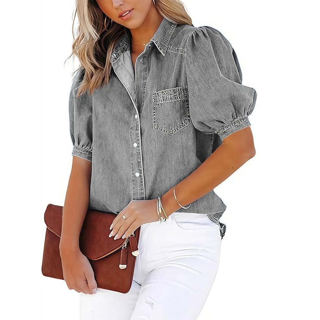 Women's Fashion Lapel Short,Sleeved Pocket Cardigan Colour Casual Shirt Top