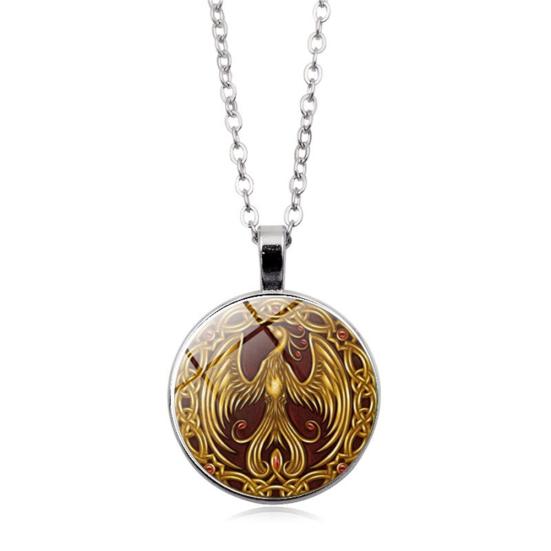 Phoenix Pattern Pendant Cabochon Vintage Jewelry Glass Necklace Chain Women Gift