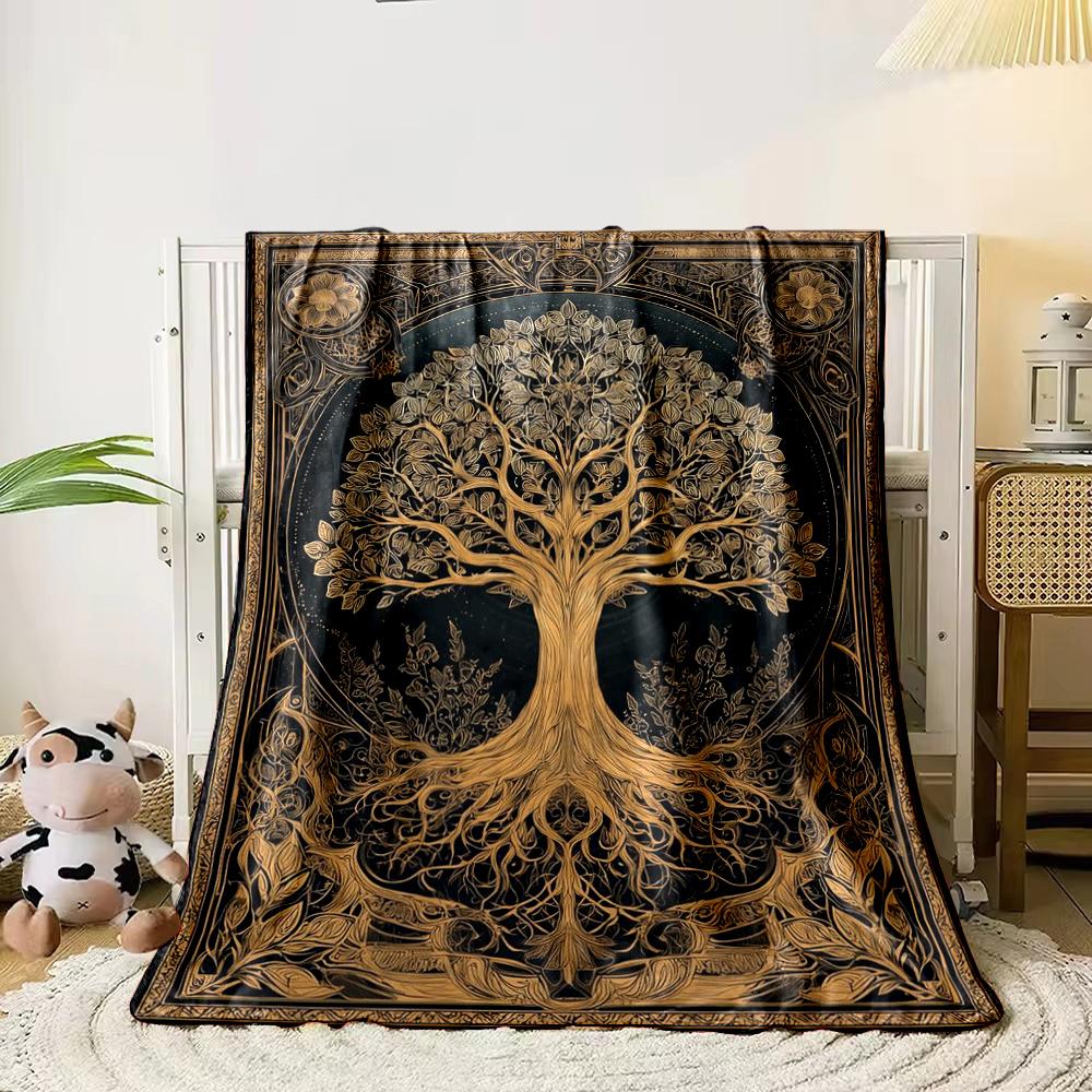 Golden Ornamental Tree Design Flannel blanket for bedroom living room sofa and nap