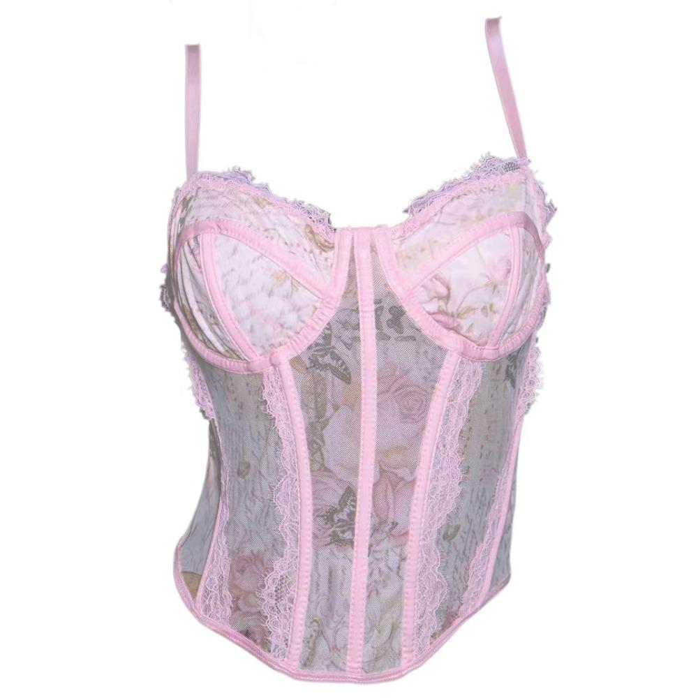 

Slim fit Lace Flower Camisole Mesh Crop Tops Fashion Suspender Vest Spring Summer S розовый