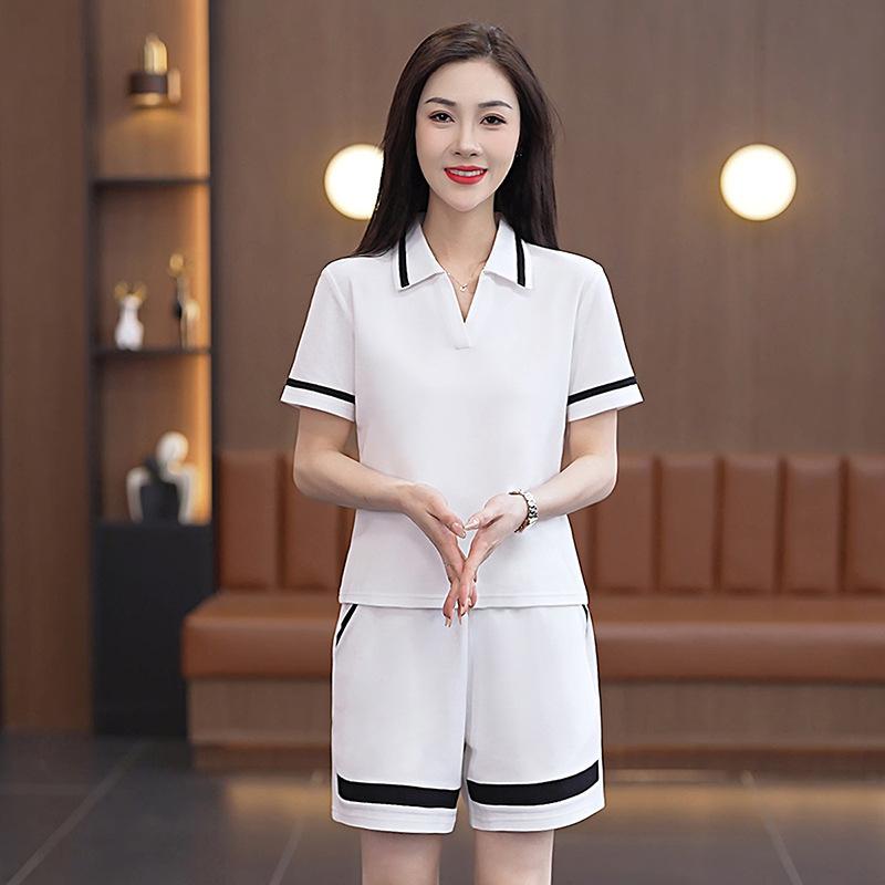 Women's Summer Loose Casual Short Sleeved Running Collar Sportswear Set Two-piece Set