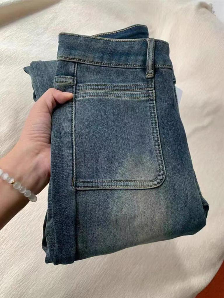 Damen Zementgraue Retro Micro-Flared Fleecegefütterte High-Waist Jeans - Übergröße, Bodenlang, Schlankmachend, Herbst/Winter-Bekleidung.