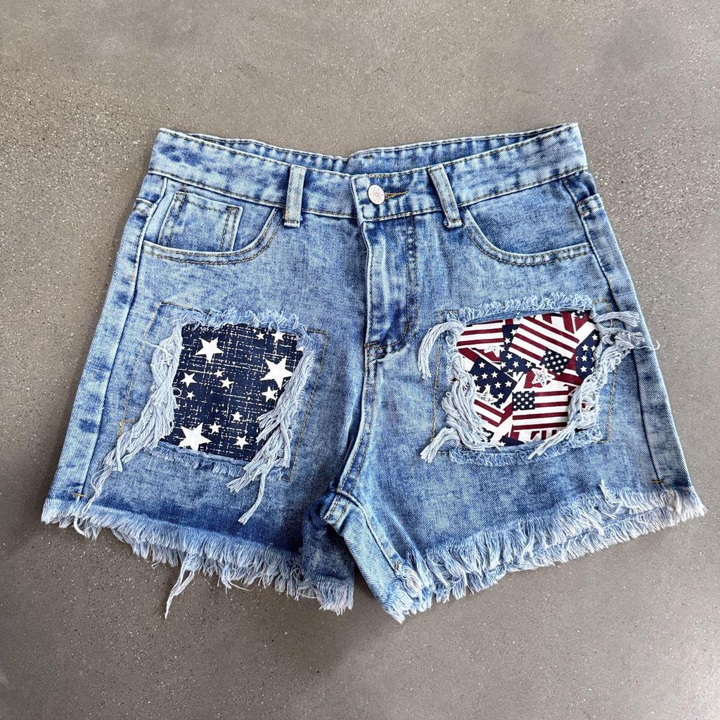 European & American Patchwork Ripped Snowflake Denim Shorts - Women's Slim Fit