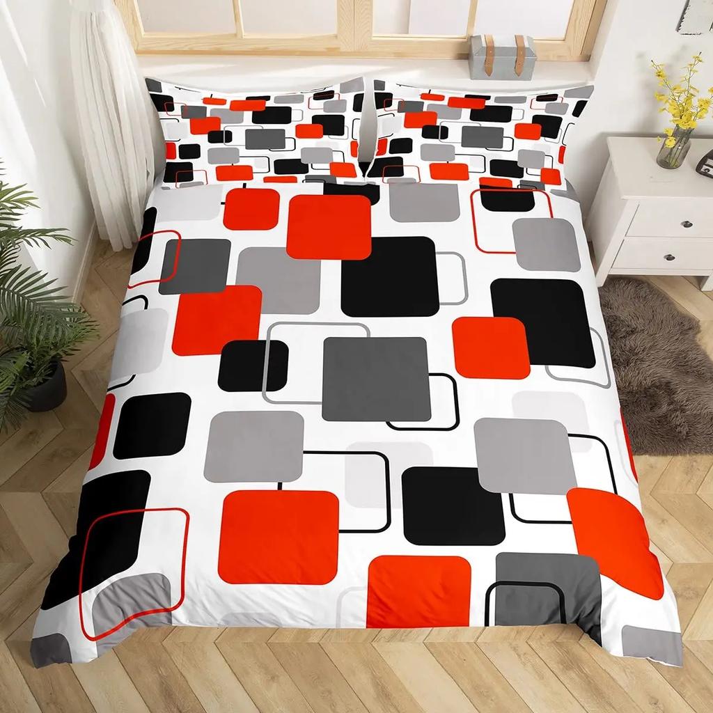 Geometric Squares Duvet Cover Set Red Beige Circle Bedding SetModern Simple Style Comforter CoverAbstract Art Quilt Cover King