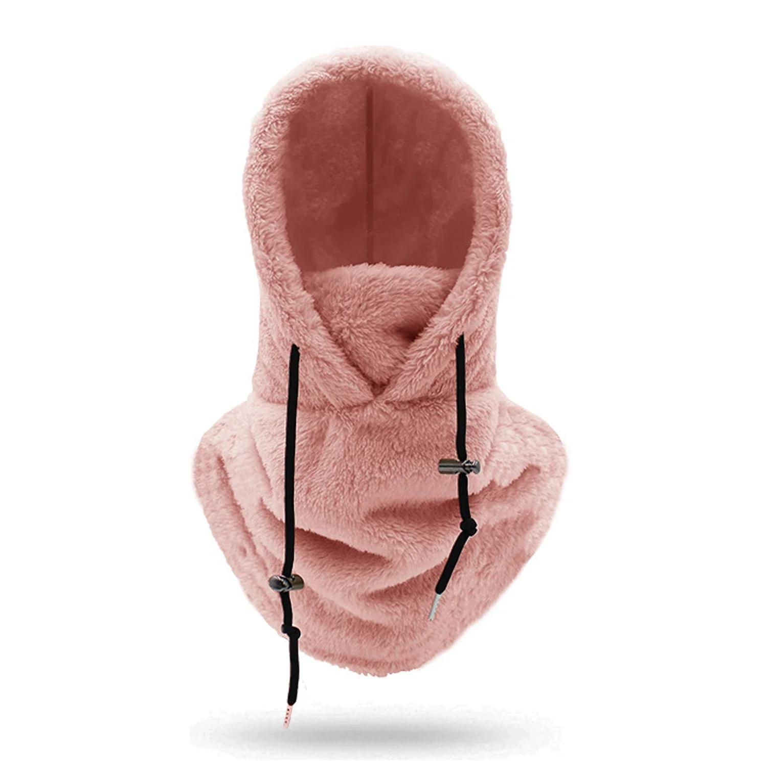 

Warm lamb wool hooded ski mask with adjustable ear protection windproof hat anti freezing facial protector essential for winter рожевий