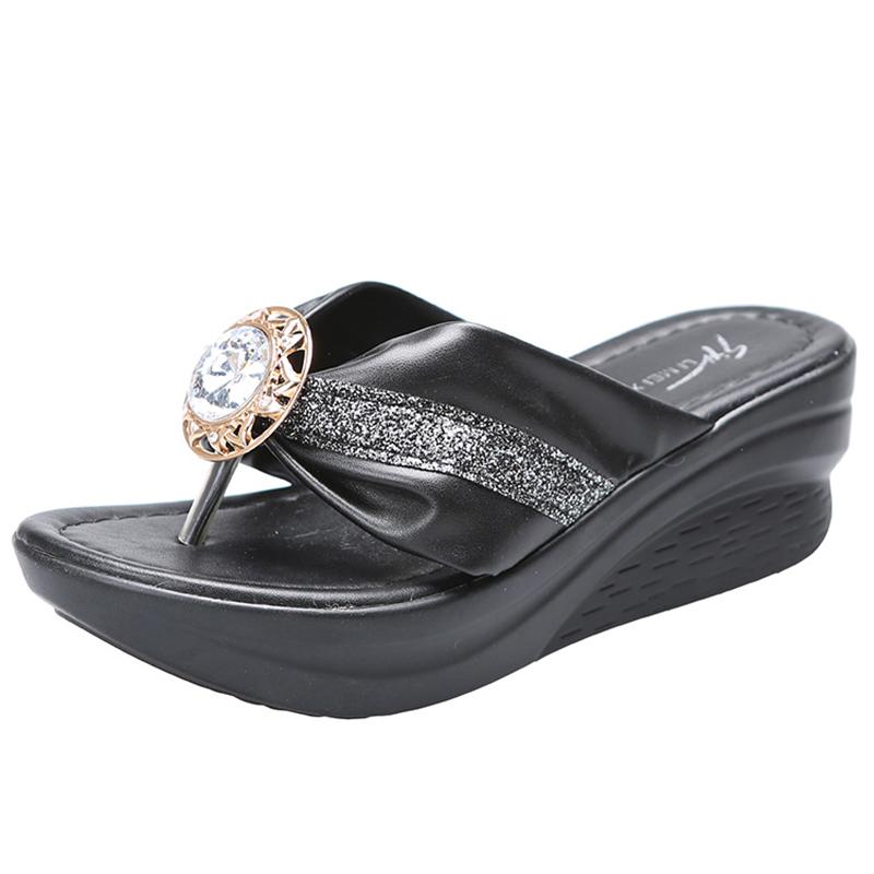 Lucyever Fashion Gold Wedges Slippers for Women 2024 Sequins Rhinestone Clip Toe Sandals Woman Summer Platform Slides Shoes