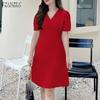 ZANZEA Women Casual V-Neck Solid Color Short Sleeve Summer Dress