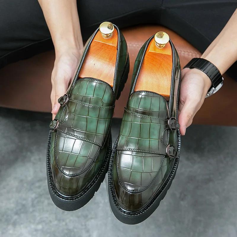 2025 Street Fashion Men's Loafers Thick Sole Big Toe Shoes Trend Green Party Dress Shoes Men's Genuine Leather Casual Shoes