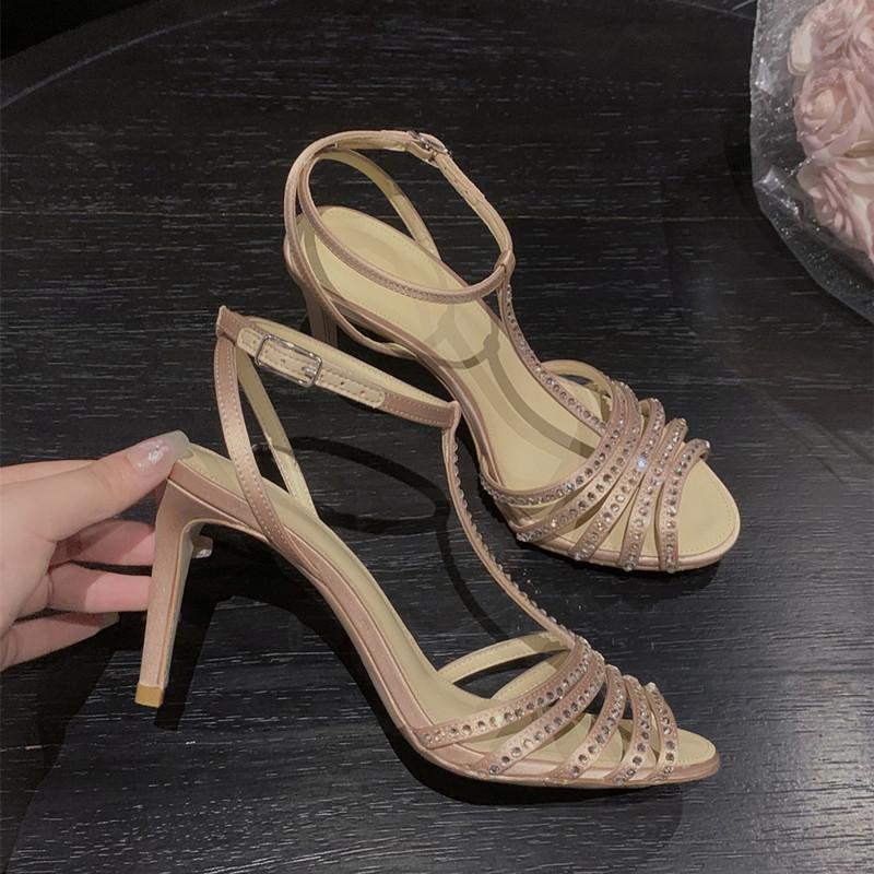 Fashion Star style Luxury Rhinestones Narrow band Women Gladiator Sandals Sexy Peep toe Ankle Strap Thin High heels Summer Party Shoes
