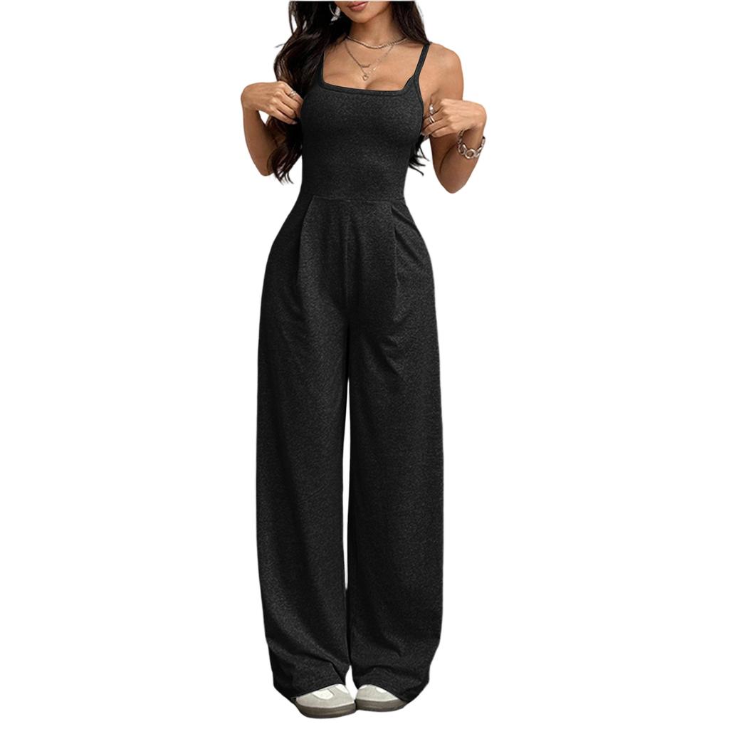 Women Sleeveless Wide Leg Jumpsuit with Square Neck and Adjustable Spaghetti Straps for Casual or Formal Wear