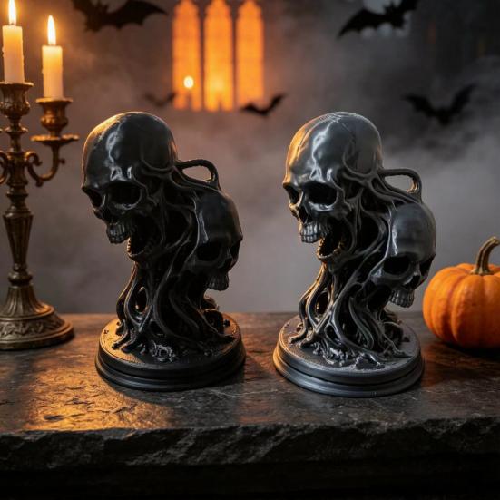 Unique Resin Desktop Decor 3D Printed Double Skull Ornament, Twisted Skeleton Figurine, Gothic Matte Black Statue for Halloween Home Bar & Horror