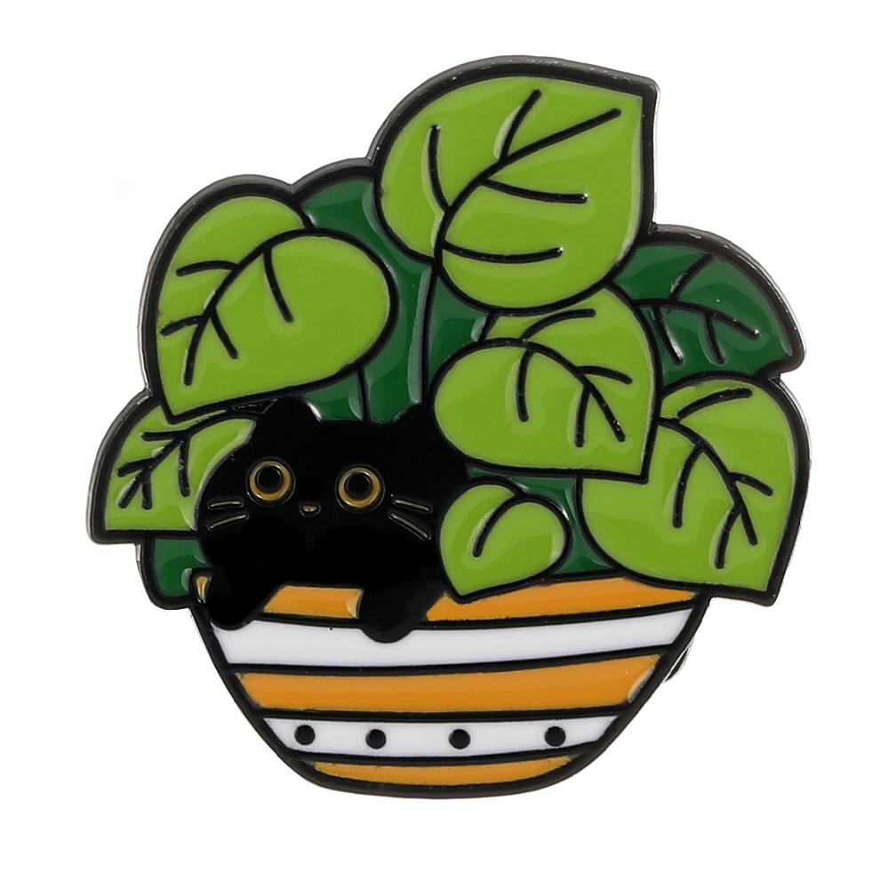 Funny Potted Black Cat Design Enamel Brooches Cute Green Plants Kitten Pins Pet Owner Badge Item Accessories