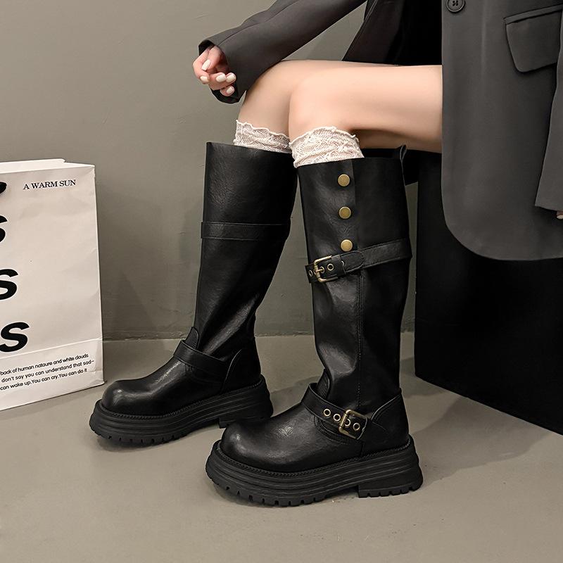 Imitation cowhide two wear retro British style thick heel thick-soled boots women's winter new boots tall and thin knight boots