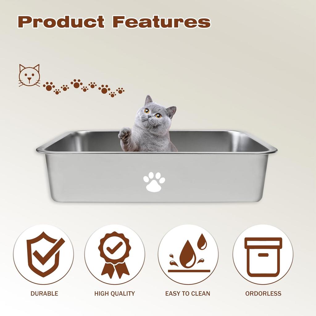 Stainless Steel Cat Litter Box, High Sided, Non-Stick, Splash-Proof, Easy Clean, 17.7' X 13.7'