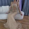 White nude bead with sleeves fishtail evening dress, celebrity dinner art test solo dress LA11119