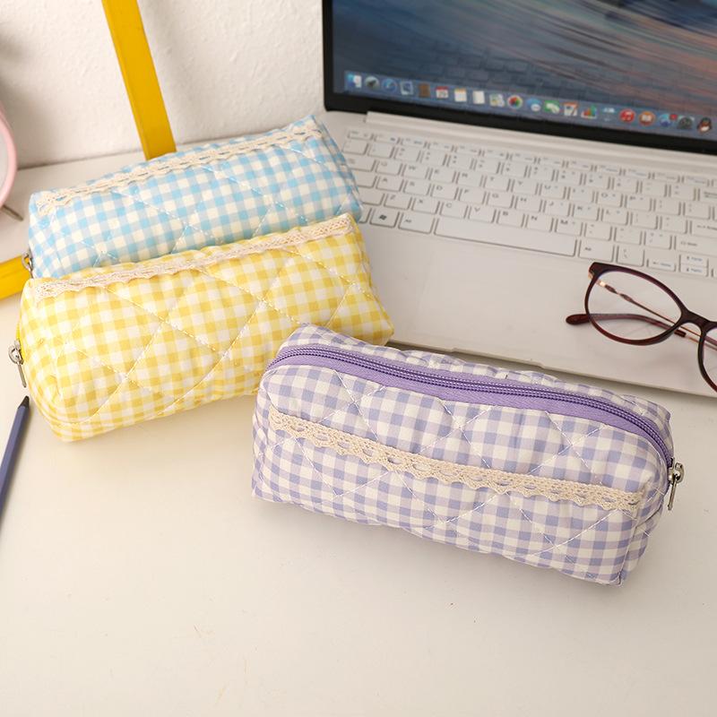 Large Capacity Pen Bag Sweet Plaid Lace Pencil Case Portable Student Stationery Storage Bag Girly Cosmetic Bag Gifts