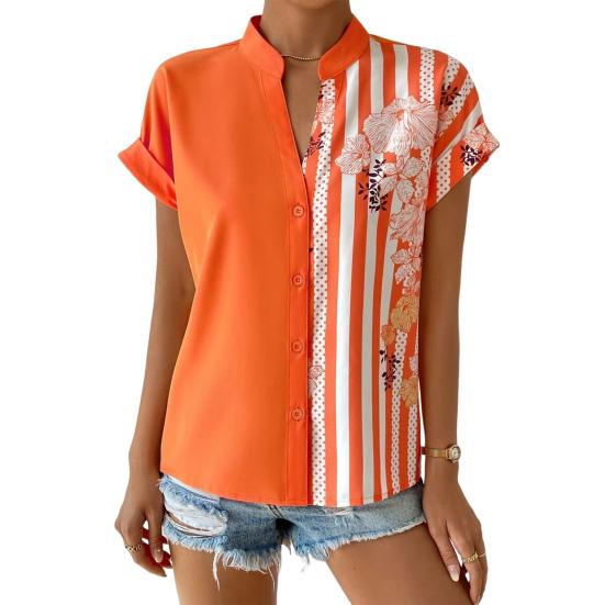 Damen Sommerhemd Lässig Blumendruck Asymmetrischer Streifen Kurzarm Pendeln Stehkragen Einreihig Sommerbluse Damenbekleidung