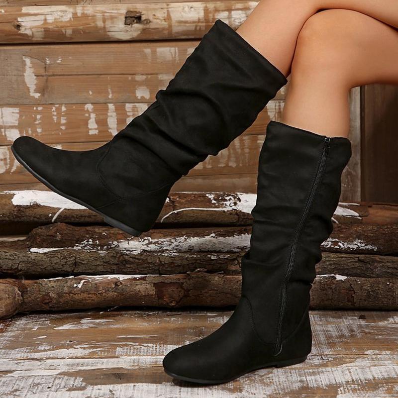Autumn Winter Pink Mid Calf Boots Women 2025 Fashion Faux Suede Pleated Boots Woman Plus Size 36-42 Flat Heel Long Botas Mujer