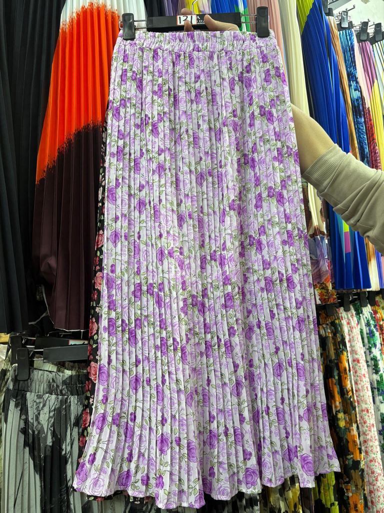 European & American Pleated Print Midi Skirt, Soft Chiffon Fabric, High Waist, Versatile Style