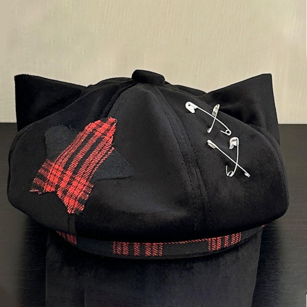 Berretto a Cuffia con Orecchie da Gatto Y2K Bordo Sottile Cappello da Pittore Artista Carino Cappellino da Giornalaio con Visiera Quotidiano