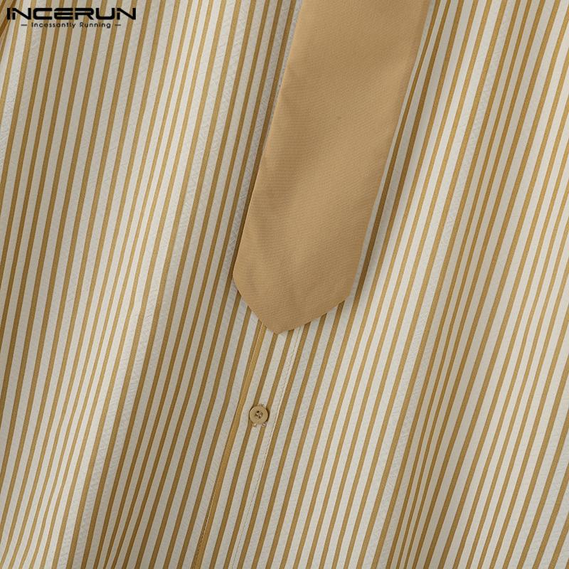 INCERUN S-5XL Men Turn-down Collar Tie Long Sleeve Striped Casual College Style Shirts