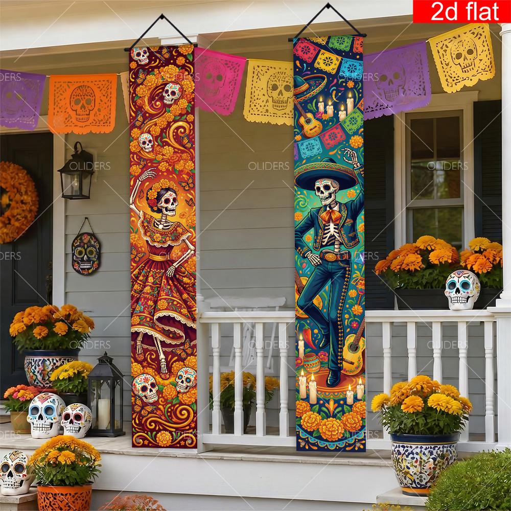2D Flat, 2D Flat - 2D Flat, 2D Flat - 2D Flat Banner, 2pcs, Mexican Day of The Dead Front Porch Sign Banner, Polyester, Dancing Skull Couple Marigolde