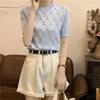 Women Diamond Grid Rhinestone Knit T-shirt Crew Neck Short Sleeve Fitted Casual Sweater