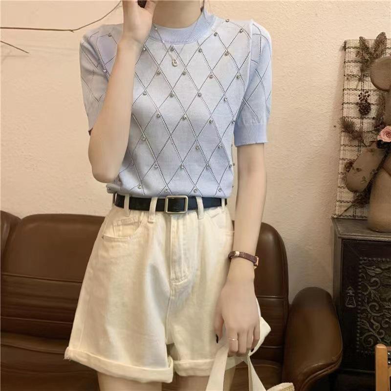 Women Diamond Grid Rhinestone Knit T-shirt Crew Neck Short Sleeve Fitted Casual Sweater