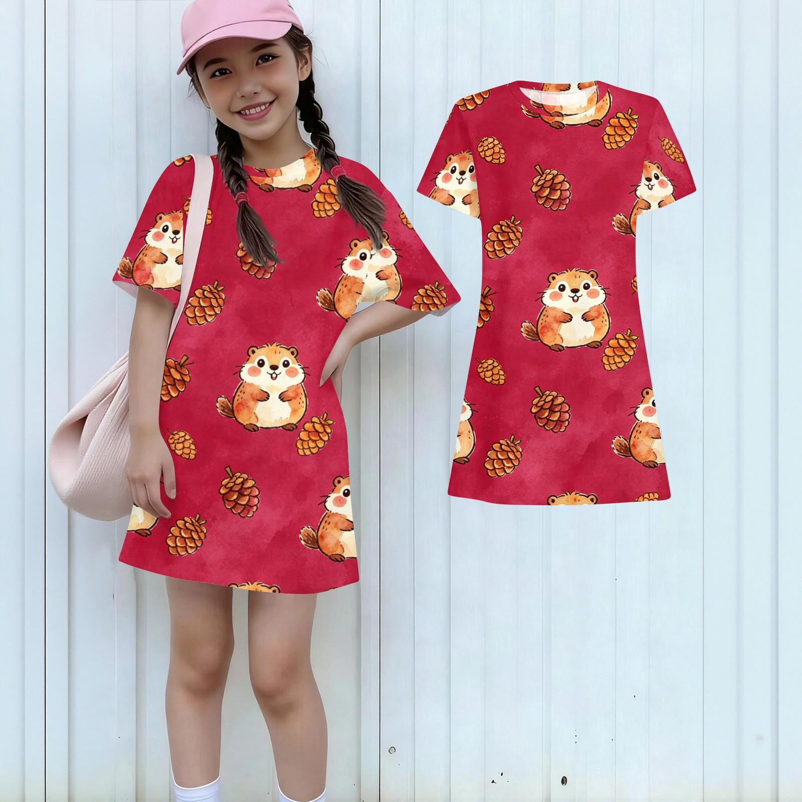 

Girls Loose Fit Short Sleeve Dress Animal Print Round Neck Lightweight Summer Dress for Kids Casual Wear 120 красный
