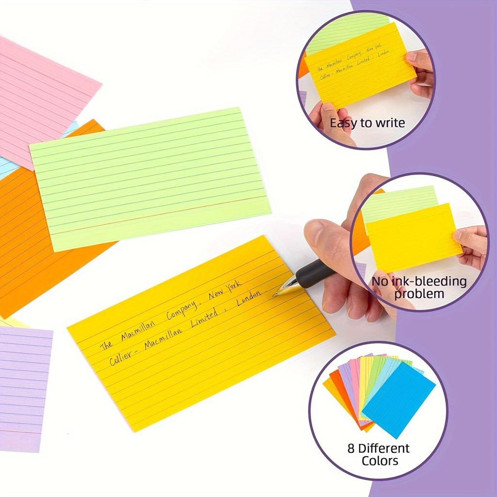 Cartoncini Colorati Indice A6 200 Fogli - 10,5 X 14,7 cm Cartoncini Colorati a Righe, Flashcard Multicolore per Scuola, Casa e Ufficio