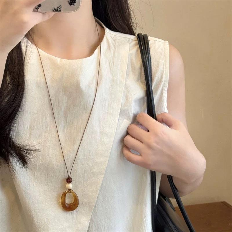 Vintage Ethnic Style Brown Hollow Geometric Circle Long Pendant Necklace For Women