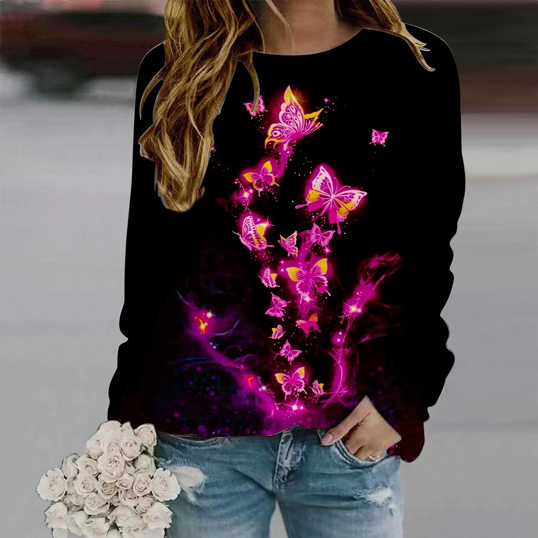 

Осенняя женская мода с круглым вырезом и длинным рукавом, свободная одежда, синяя футболка с принтом бабочки и кристаллов для девочек, уличная одежда 8XL ярко-розовый