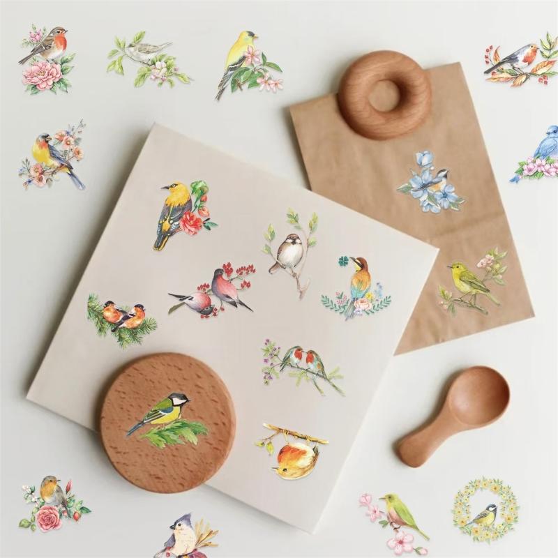 50 Sheets Decorative Sticker Bottle Sticker Reward Sticker Watercolor Bird Graffiti Sticker Decorative Label Sticker
