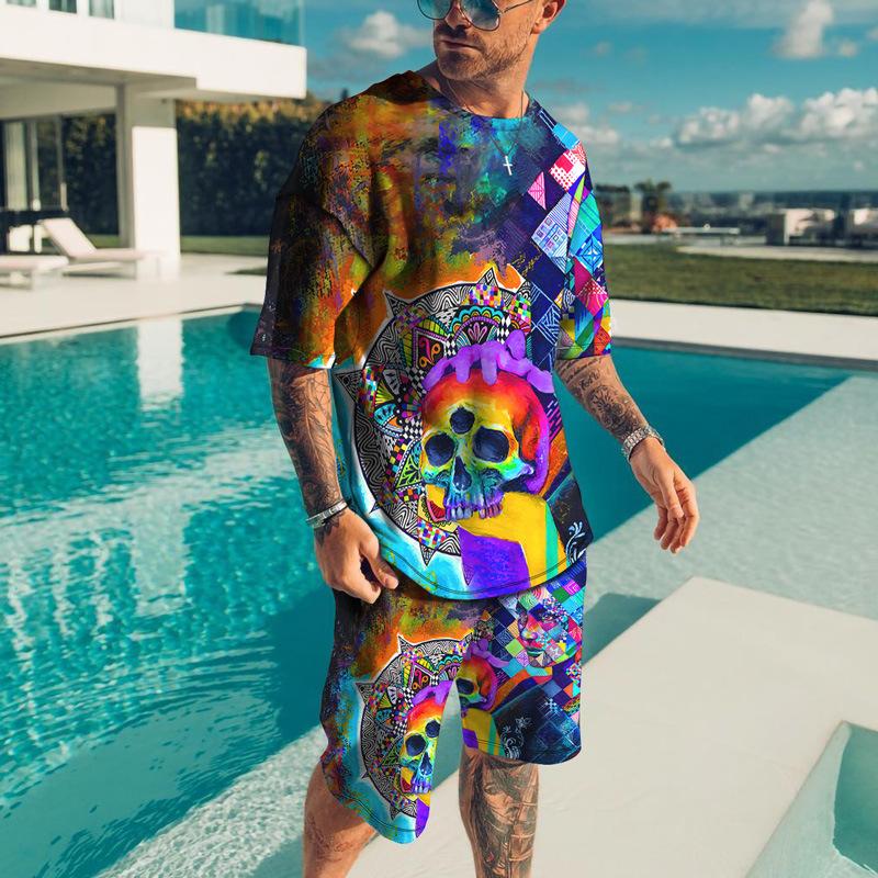 Men's Summer 3D Skull Leisure Set Fashionable Comfortable Loose Color Blocked Printed Sport Wear