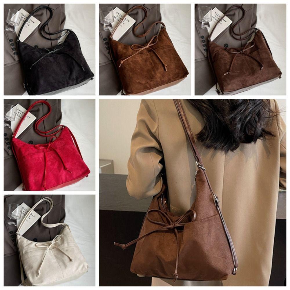 Large Capacity Bow Backpack Solid Color Shoulder Tote Bag Casual Suede Shoulder Bag Shopping