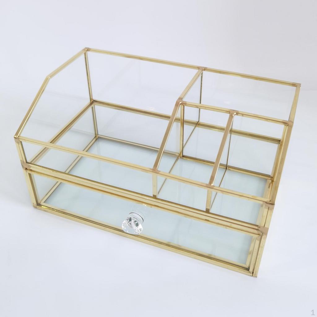 Clear Glass Jewelry Organizer Box - Golden Metal Keepsake Holder, Wedding