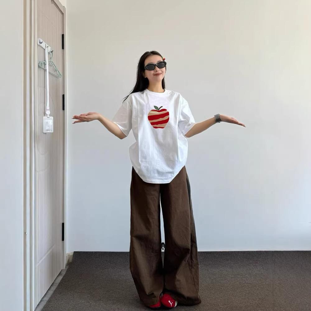 Women's Loose-Fit Pure Cotton Apple Print T-shirt: Short Sleeve, Summer Style