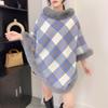Women Plaid Print Poncho Pullover Soft Fleece Shawl Collar White Background Cozy Winter Cape Top