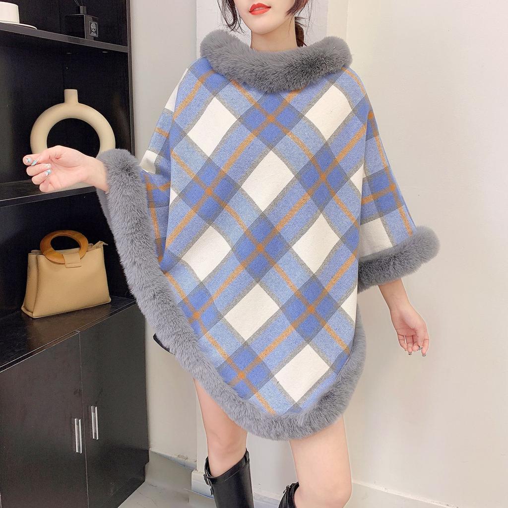 Women Plaid Print Poncho Pullover Soft Fleece Shawl Collar White Background Cozy Winter Cape Top
