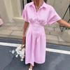 Women's Shirt Collar Button Front Short Sleeve Pleated Midi Dress Pink Stripe Casual Dress