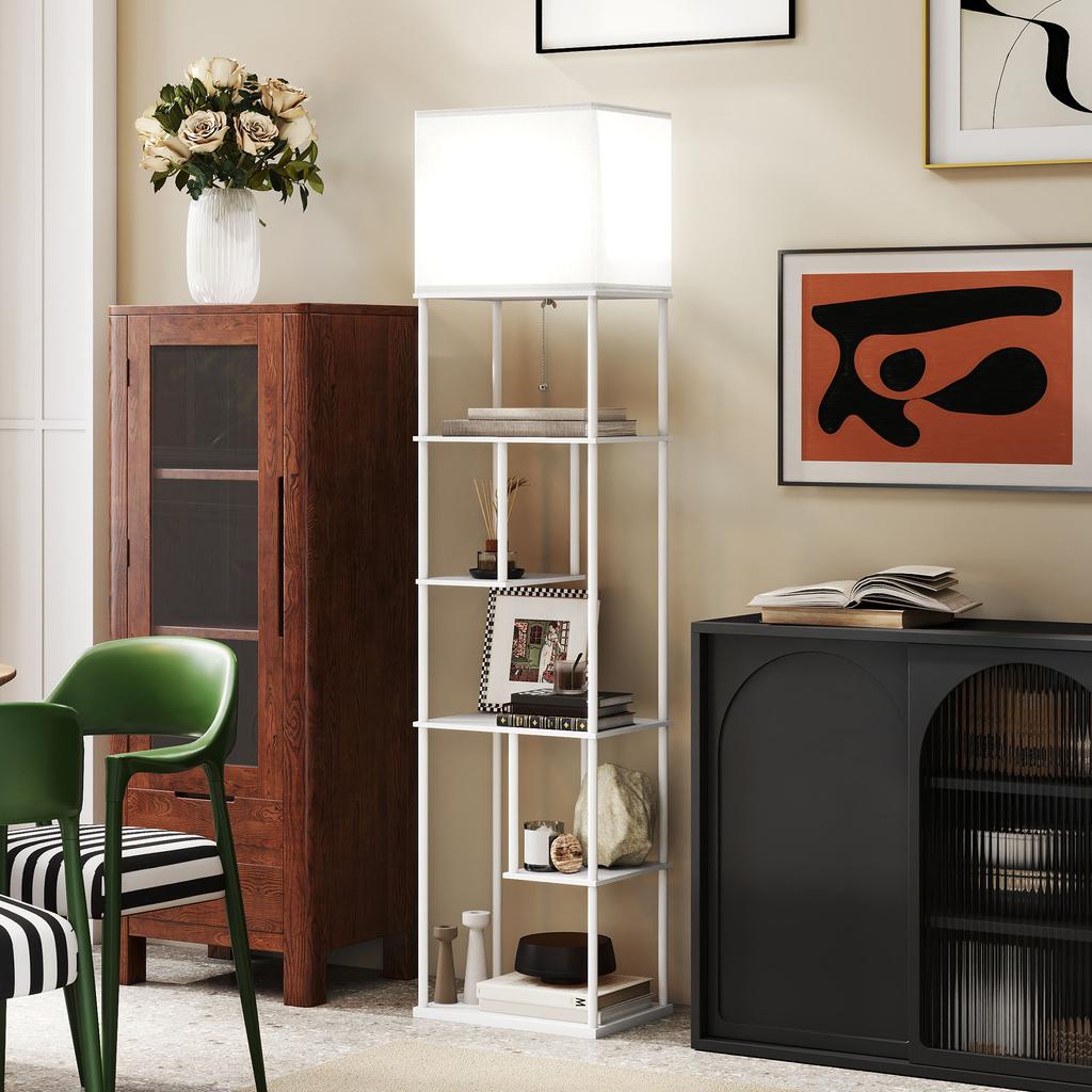 Floor Lamp with Shelves, 3000K-6500K, Remote Control, E27 Bulb, White