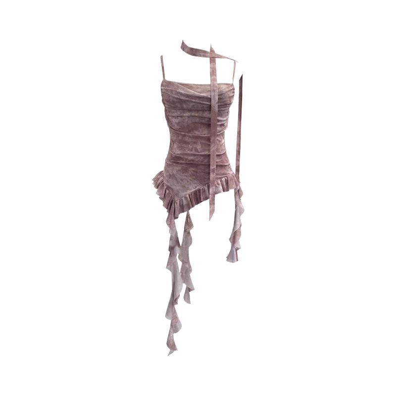 Gradient Print Irregular Ruffled Mesh Camisole Tank Top with Swing Neck and Sleeveless Design